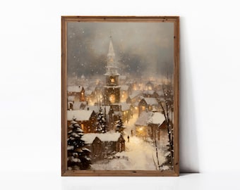 Vintage Winter Town Painting | Snowy Christmas Village Wall Art (Digital Download)
