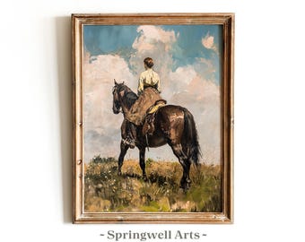 Vintage Cowgirl Horse Riding Print, Equestrian Farmhouse Art (Instant Download)