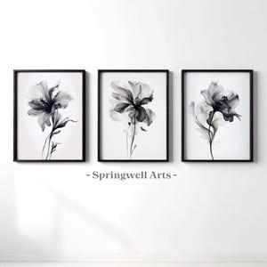 May include: Three framed black and white floral art prints. Each print features a detailed depiction of a flower in shades of gray and black against a white background. The frames are black, and the artwork is mounted on a white wall. The text "Springwell Arts" is at the bottom.