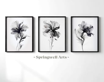 Set of 3 Monochrome Flowers Watercolor Painting, Black and White Botanical, Minimalist Flower, Downloadable Art Prints, Chic Bedroom Decor
