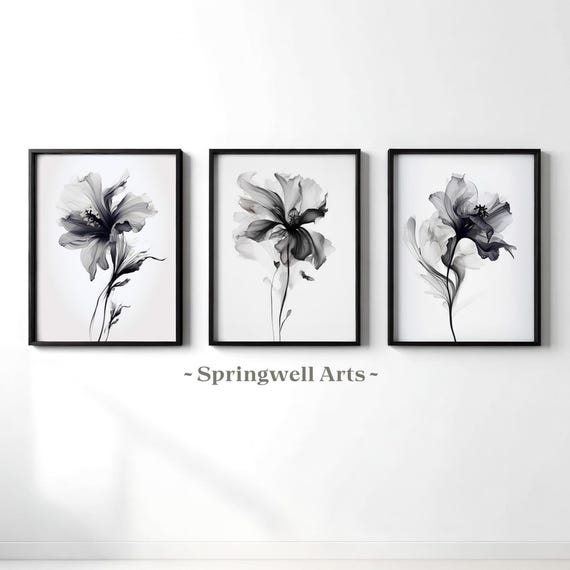 Set of 3 Monochrome Flowers Watercolor Painting, Black and White Botanical, Minimalist Flower, Downloadable Art Prints, Chic Bedroom Decor