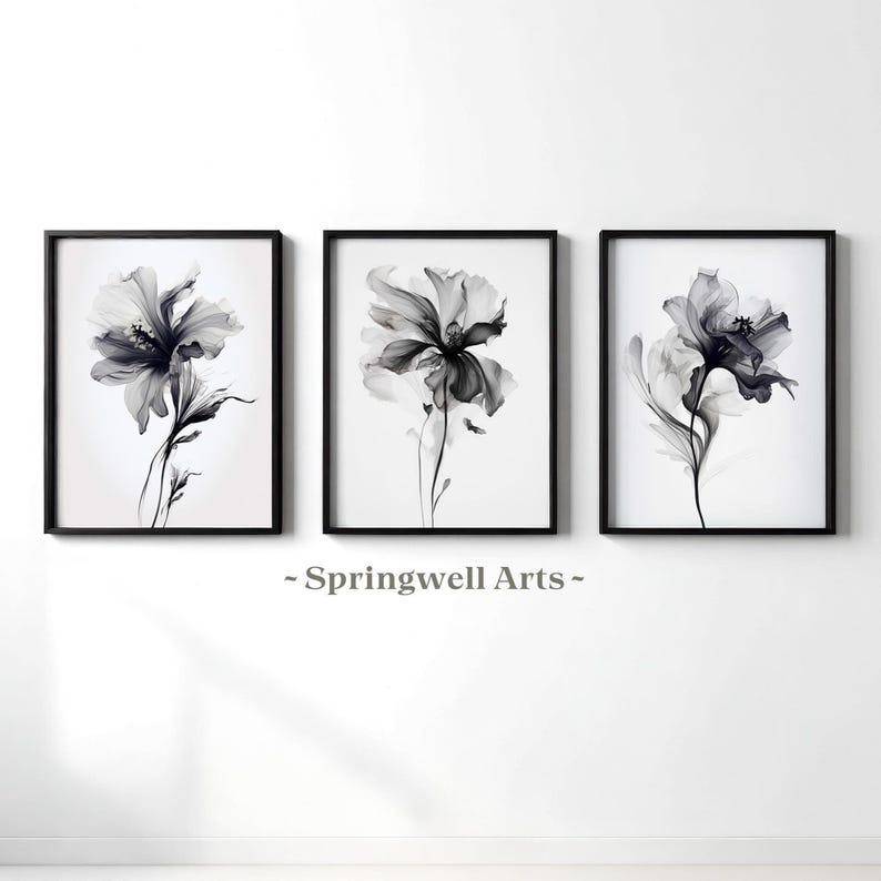 May include: Three framed black and white floral art prints. Each print features a detailed depiction of a flower in shades of gray and black against a white background. The frames are black, and the artwork is mounted on a white wall. The text "Springwell Arts" is at the bottom.