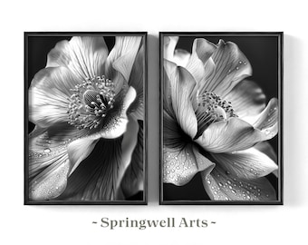 Monochrome Floral Print Set of 2, Black & White Flower Photography, Modern Minimalist Poster, Instant Digital Download, Printable Wall Art