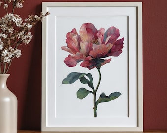 Red Flower Watercolor Painting, Vintage Botanical Art Print, Modern Minimalist Poster, Bedroom Floral Decor, Digital Download, Printable Art