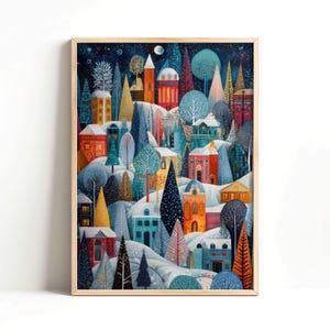 Festive Snowy Winter Town Print, Holiday Art Poster, Christmas Village Scene, Seasonal Home Decoration, Digital Download Printable Wall Art