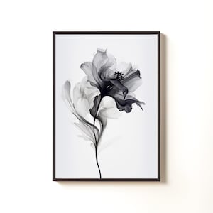 May include: Black and white floral art print in a black frame. The artwork features a detailed depiction of a flower with delicate, translucent petals and a dark center. The stem is long and slender, set against a white background.