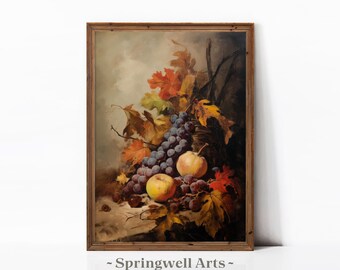 ヴィンテージの秋の静物画アートプリント｜素朴な収穫の絵画（デジタルダウンロード）