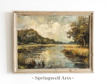 Vintage Impressionist Lake Painting, Rustic Summer Landscape (Digital Print)