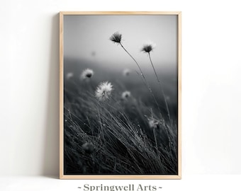 Czarno-biały wydruk z dzikimi kwiatami, minimalistyczna fotografia botaniczna (pobranie cyfrowe)