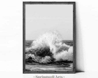 Czarno-biały wydruk oceaniczny, fotografia rozbijających się fal, minimalistyczny wystrój nadmorski (pobranie cyfrowe)