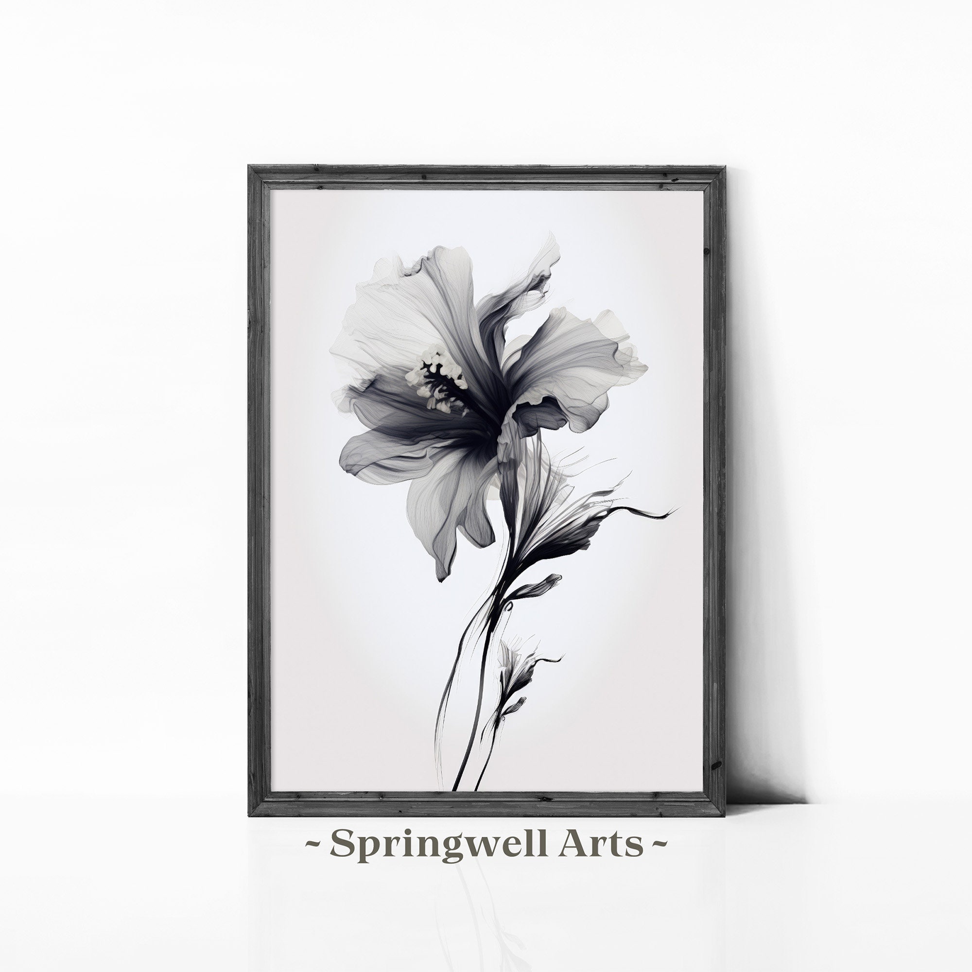 Monochrome Floral Watercolor, Black and White Botanical Art Print, Minimalist Flower, Chic Modern Wall Decor, Digital Download Printable Art
