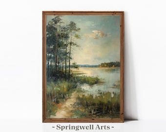 Vintage landschapsschilderij aan het meer | Decor zomerhuisje meer (digitale print)