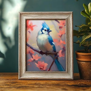 Vintage Blauhäher Vogel druckbare Kunst | Charming Blauer Vogel Gemälde Digitaler Download | Frühlingshafte Bauernhaus Dekor | Waldwild lebende Kunst