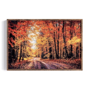 Autumn Leaves Landscape Photography, Orange & Red Fall Color Art, Seasonal Country Road Print, Instant Digital Download Printable Wall Decor