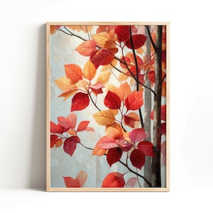 Red Fall Leaves Painting, Autumn Foliage Forest Tree Print, Seasonal Home Decorations, Digital Download Printable Wall Art, Fall Decor