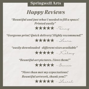 May include: A digital art print featuring customer reviews for Springwell Arts. The text includes phrases like "Happy Reviews," "Beautiful artwork," and "Quick delivery!" Each review is accompanied by a five-star rating.