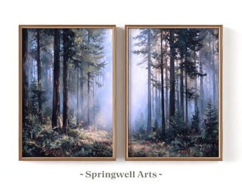 Díptico Bosque Brumoso, Conjunto de Pinturas Vintage de Bosque, Arte Mural de Naturaleza Serena (Descarga Digital)