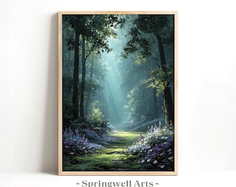 Spring Forest Path, Blue Green Vertical Wildflower Landscape Print (Digital Download)