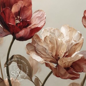 May include: Close-up of a floral painting featuring large, textured flowers in shades of red, cream, and brown. The artwork has a soft, painterly style with visible brushstrokes, and the background is a muted beige.