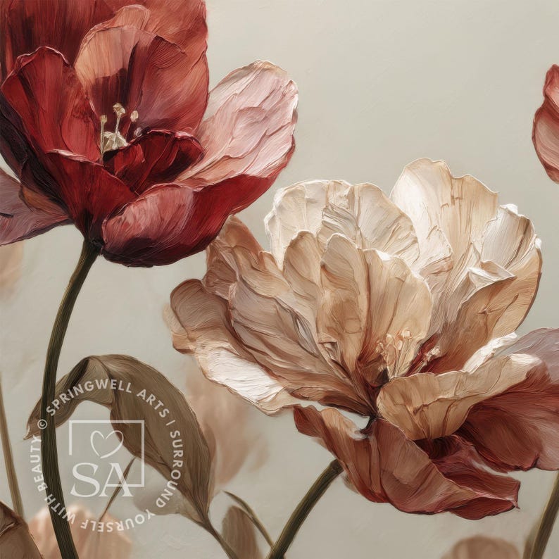 May include: Close-up of a floral painting featuring large, textured flowers in shades of red, cream, and brown. The artwork has a soft, painterly style with visible brushstrokes, and the background is a muted beige.
