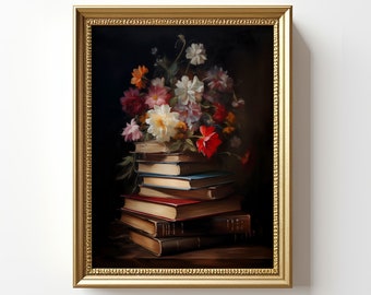 Moody Floral Still Life Painting | Vintage Flowers on Book Stack Printable Wall Art | Dark Academia Decor | Eclectic Books Digital Download