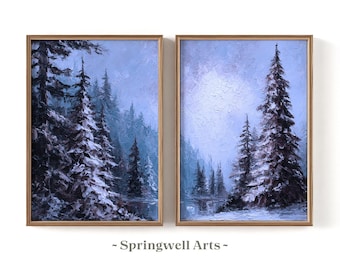 Díptico de paisaje de bosque invernal, pintura de lago de montaña nevado, decoración rústica de pared (descarga digital)