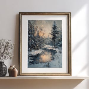 Winter Wald Landschaft Poster | Verschneiter Strom Vintage Kunst (Digitaler Download)