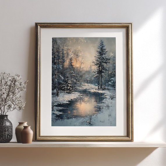 Winter Forest Landscape Painting Snow Stream Digital Download