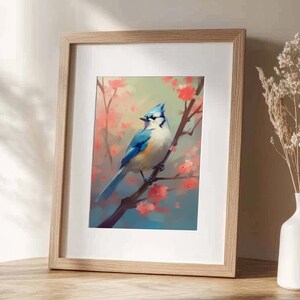 Blauhäher Vogel Druck | Blauer Vogel Gemälde Digitaler Download | Frühling Blumen Wand Kunst | Vintage Bauernhaus Dekor | Wald Wildtiere druckbare Kunst