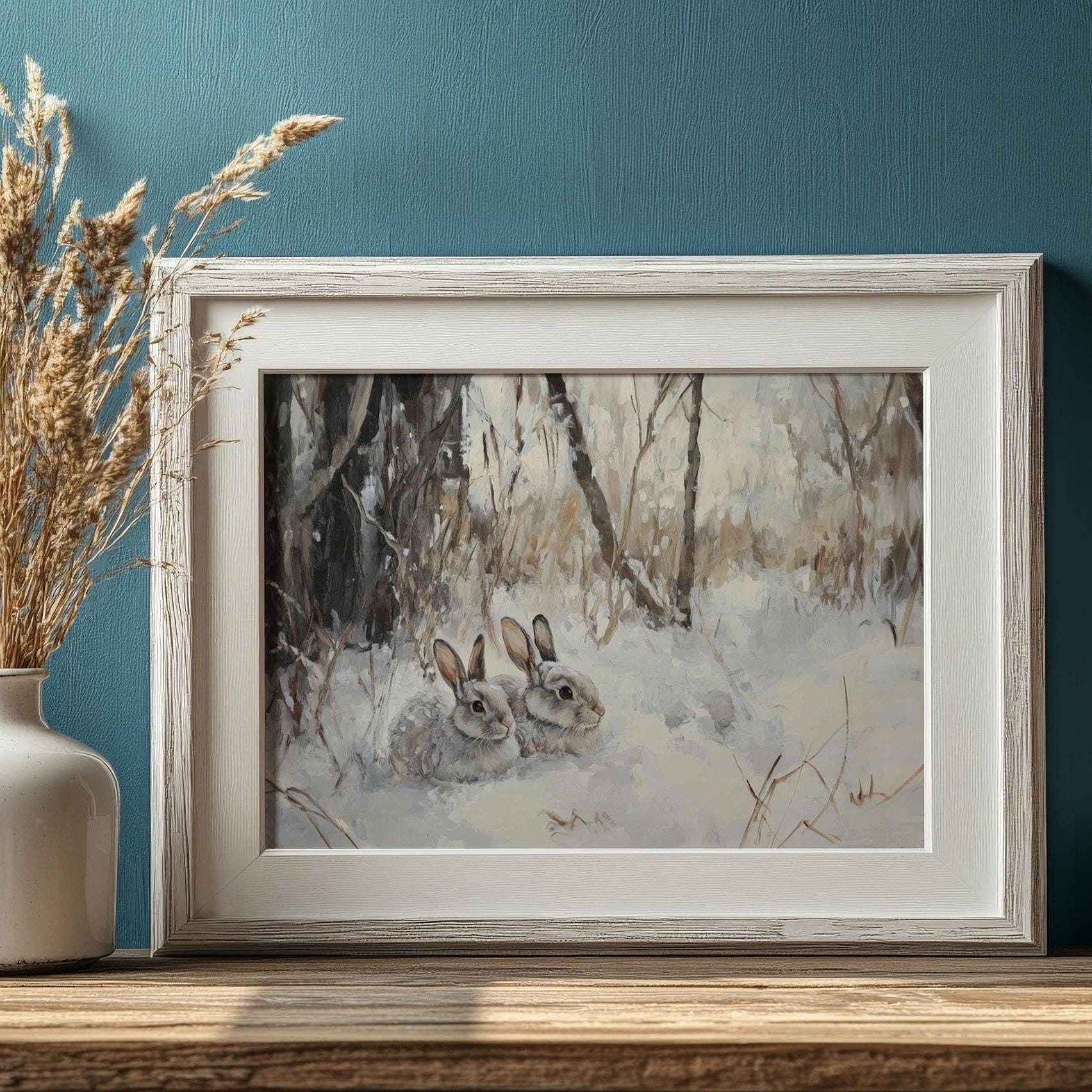 Rustic Winter Bunny Rabbits Printable Art | Woodland Snowy Forest ...