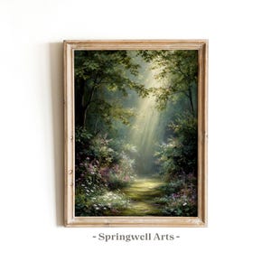 Spring Forest Path, Dark Green Vertical Wildflower Landscape Print (Digital Download)