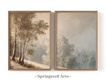 Vintage Forest Painting, Neutral Landscape Print Set of 2, Minimalist Woodland Decor (Digital Download)