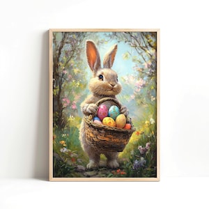 Süßer Osterhase Druck, Ostern Korb Gemälde, Osterei Kunst, Kinderzimmer Dekor, druckbare Wandkunst, Sofort Download, Frühling Kaninchen Poster