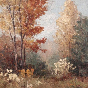 May include: An oil painting depicting an autumn landscape. The artwork features trees with vibrant orange and yellow leaves, set against a backdrop of muted greens and a soft, light blue sky. The brushstrokes create a textured, impressionistic effect.
