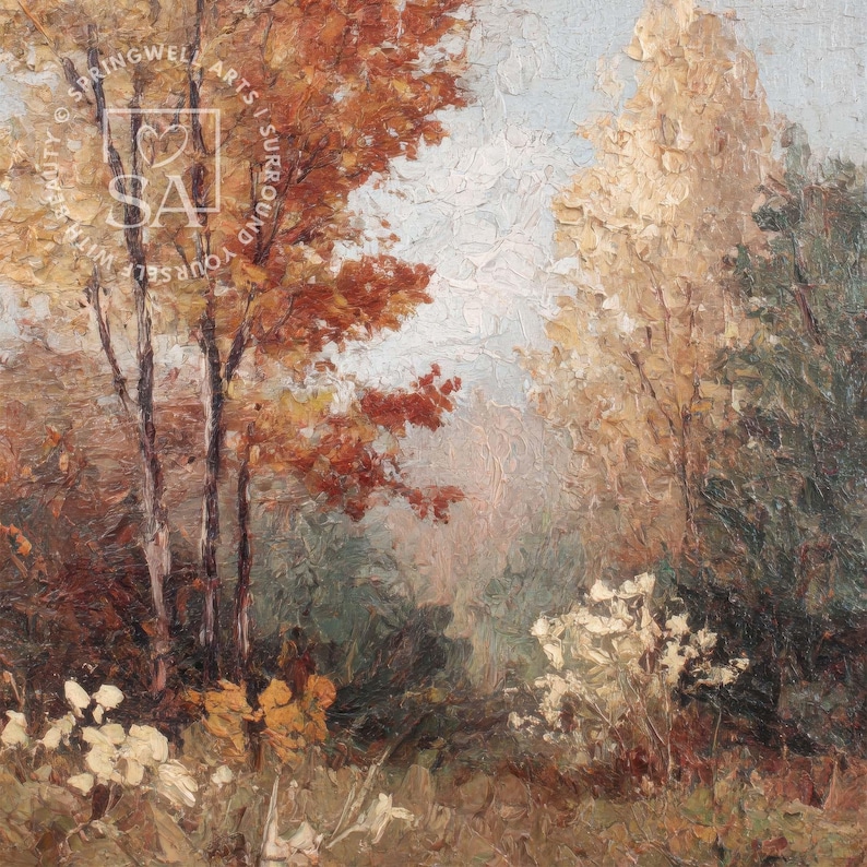 May include: An oil painting depicting an autumn landscape. The artwork features trees with vibrant orange and yellow leaves, set against a backdrop of muted greens and a soft, light blue sky. The brushstrokes create a textured, impressionistic effect.