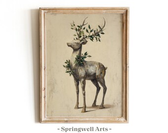 Vintage świąteczny renifer, antyczna martwa natura, dekoracja ścienna z rodowego srebra (do pobrania cyfrowego)