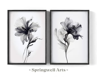Set of 2 Monochrome Flowers Watercolor Painting, Black and White Botanical, Minimalist Flower, Downloadable Art Prints, Chic Bedroom Decor