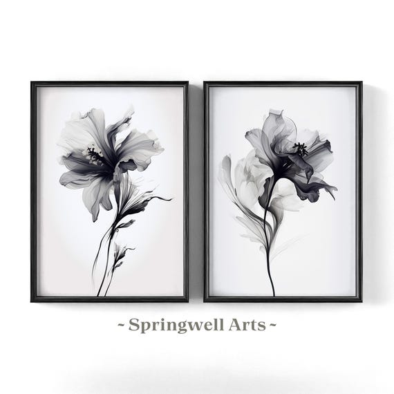 Set of 2 Monochrome Flowers Watercolor Painting, Black and White Botanical, Minimalist Flower, Downloadable Art Prints, Chic Bedroom Decor