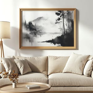 Schwarzweiß-Aquarell Landschaft Print, ruhiges Monochrom Waldsee, breites, modernes minimalistisches Poster Digitaler Download druckbare Wandkunst