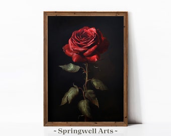 Moody Red Rose Painting | Vintage Rose Printable Wall Art | Romantic Flower Print | Antique Botanical Decor |  Minimalist Rose Art Download