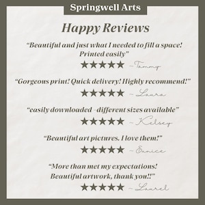 May include: A digital print advertisement for Springwell Arts, featuring customer reviews. The text includes phrases like "Happy Reviews," "Beautiful artwork," and "Quick delivery!" The background is a light beige with a dark green border.