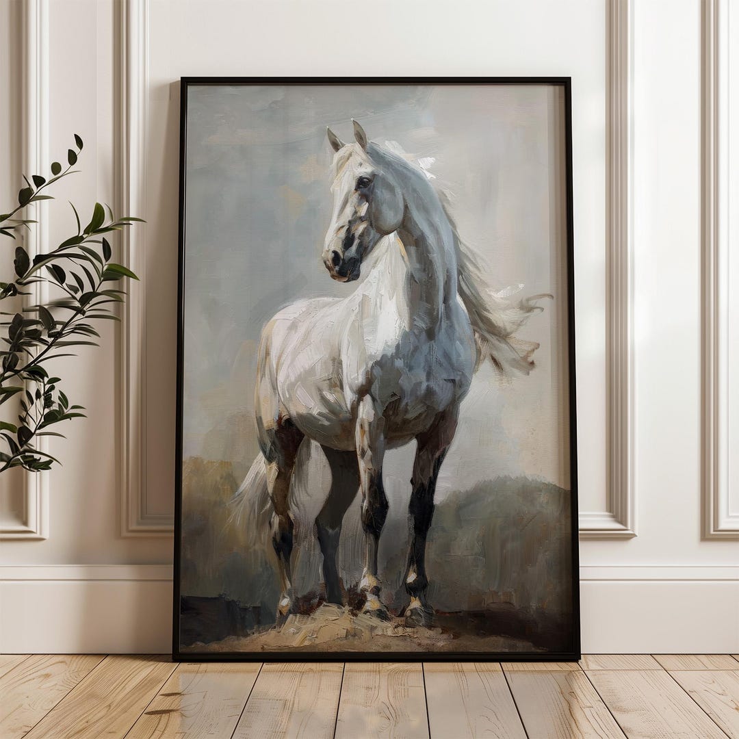 Vintage White Horse Painting | Equestrian Farmhouse Wall Art (digital ...