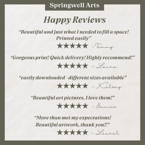 May include: A digital print featuring customer reviews for Springwell Arts. The reviews are displayed with a five-star rating system and include quotes like "Beautiful and just what I needed" and "Gorgeous print!"