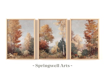 Cozy Autumn Forest Landscape Set of 3, Vintage Fall Foliage Wall Art (Digital Download)