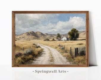 Vintage Western Landscape Painting, Farmhouse Wall Art (Digital Download)