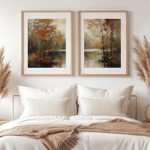 Vintage Autumn Lake Landscape Painting Set, Rustic Fall Forest Wall Art ...