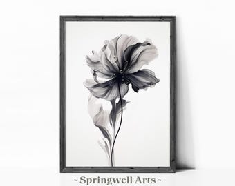 Monochrome Flower Watercolor Print, Black and White Botanical Art, Minimalist Flower, Chic Bedroom Decor (Digital Download)