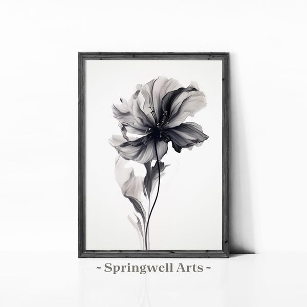 Monochrome Flower Watercolor Print, Black White Botanical Art, Chic Bedroom Decor (Digital Download)