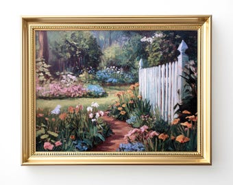 Vintage Flower Garden Painting, Botanical Landscape Art (Digital Download)