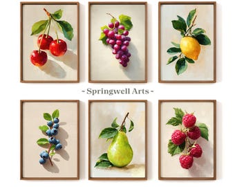 Set van 6 vers fruitschilderijen, minimalistische keukenmuurkunst (digitale download)